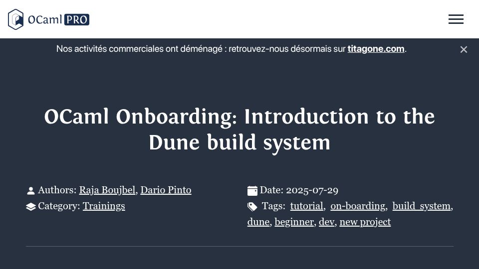 Screenshot of ocamlpro.com: OCaml Onboarding: Introduction to the Dune build system