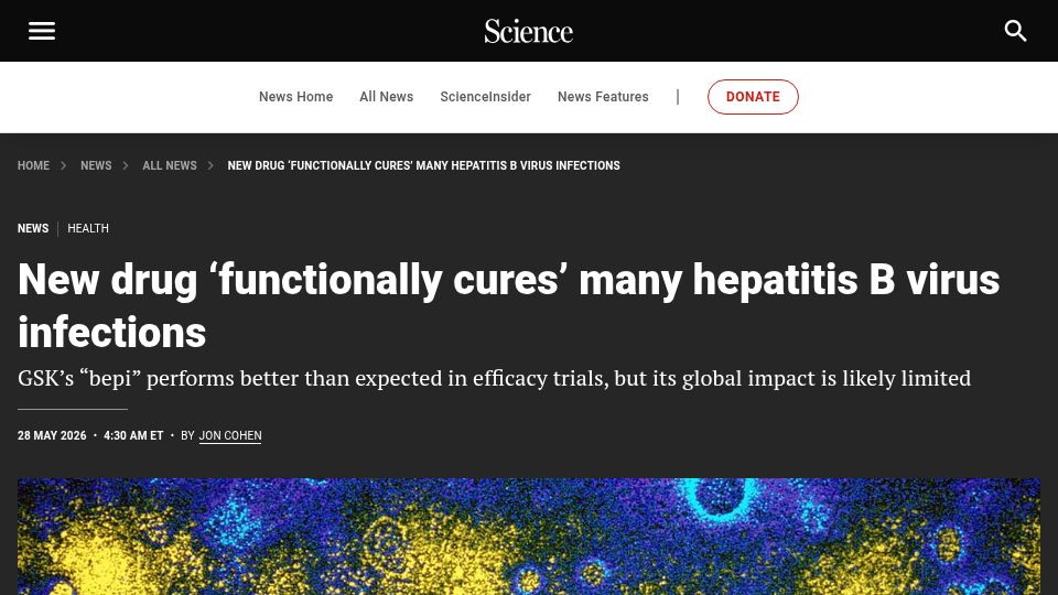 Screenshot of science.org: New drug 'functionally cures' many hepatitis B virus infections