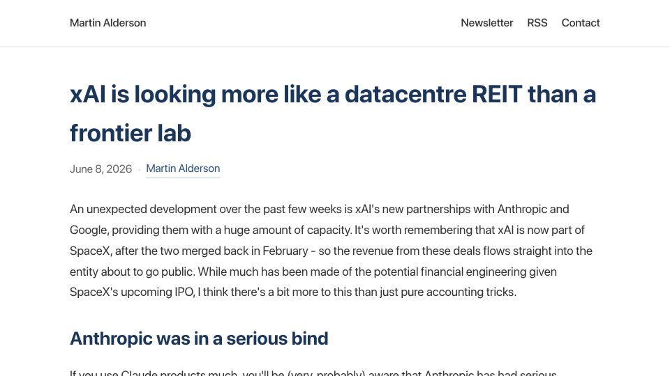 Screenshot of martinalderson.com: xAI is looking more like a datacentre REIT than a frontier lab