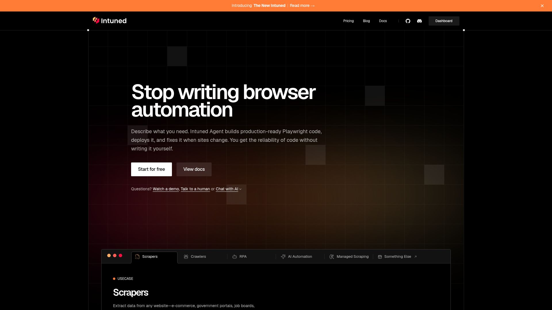 Screenshot of intunedhq.com: Launch HN: Intuned (YC S22) – Build and run reliable browser automations as code