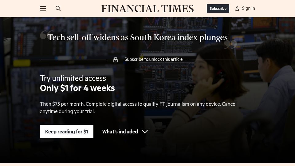 Screenshot of ft.com: Tech sell-off widens as South Korea index plunges