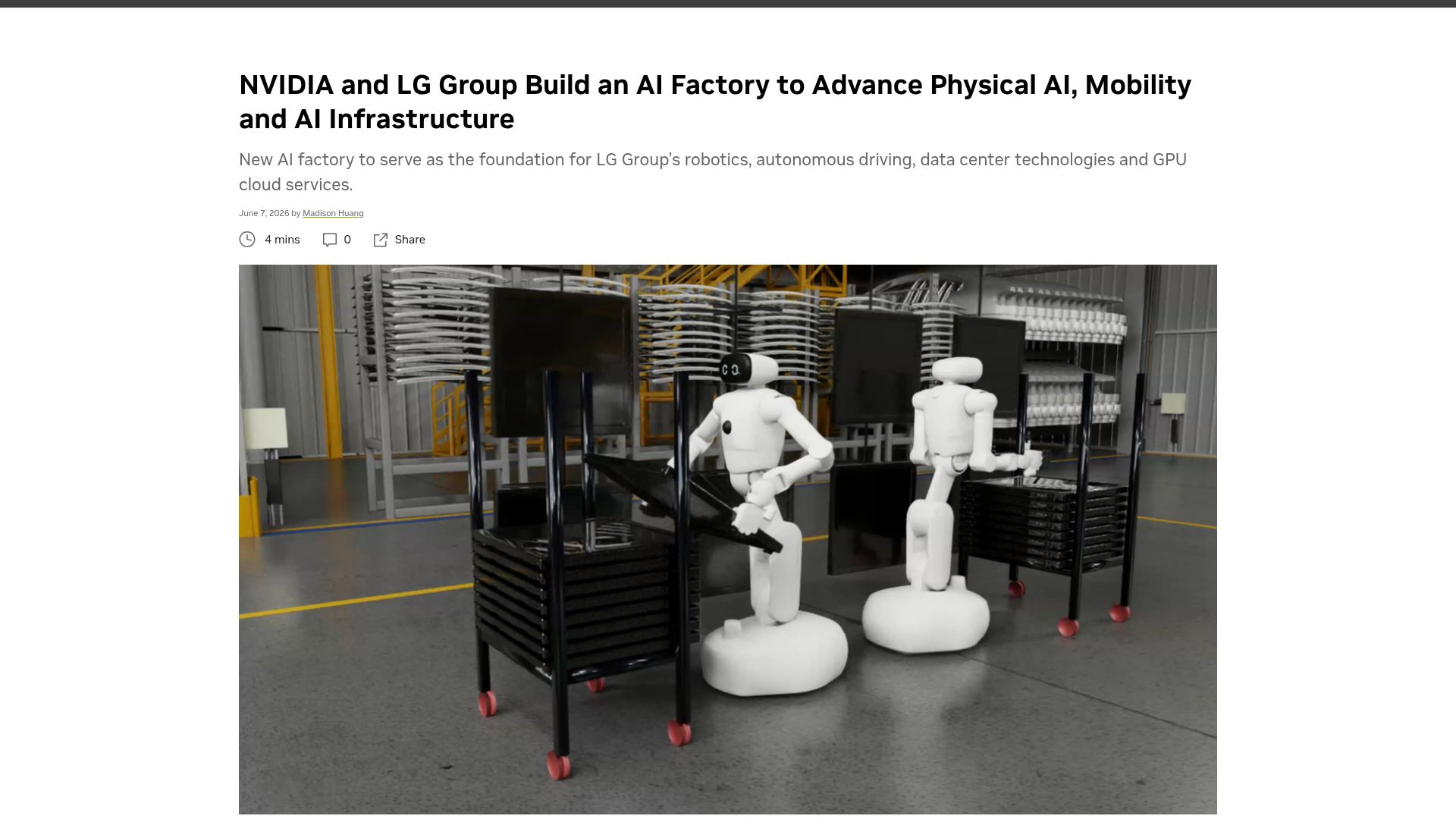 Screenshot of blogs.nvidia.com: Nvidia partners with LG robotics to build humanoid robots in South Korea