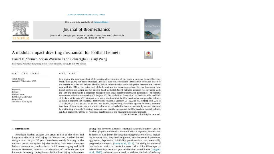 Screenshot of sfu.ca: A modular impact diverting mechanism for football helmets [pdf]