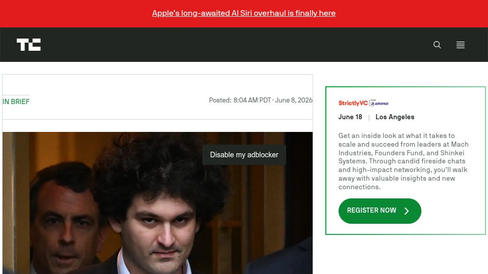Screenshot of techcrunch.com: Sam Bankman-Fried applies for a pardon from Trump