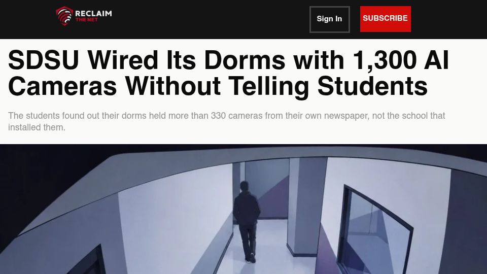 Screenshot of reclaimthenet.org: SDSU Wired Its Dorms with 1,300 AI Cameras Without Telling Students
