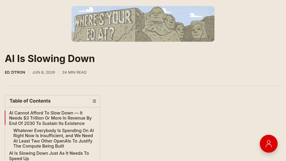 Screenshot of wheresyoured.at: AI is slowing down