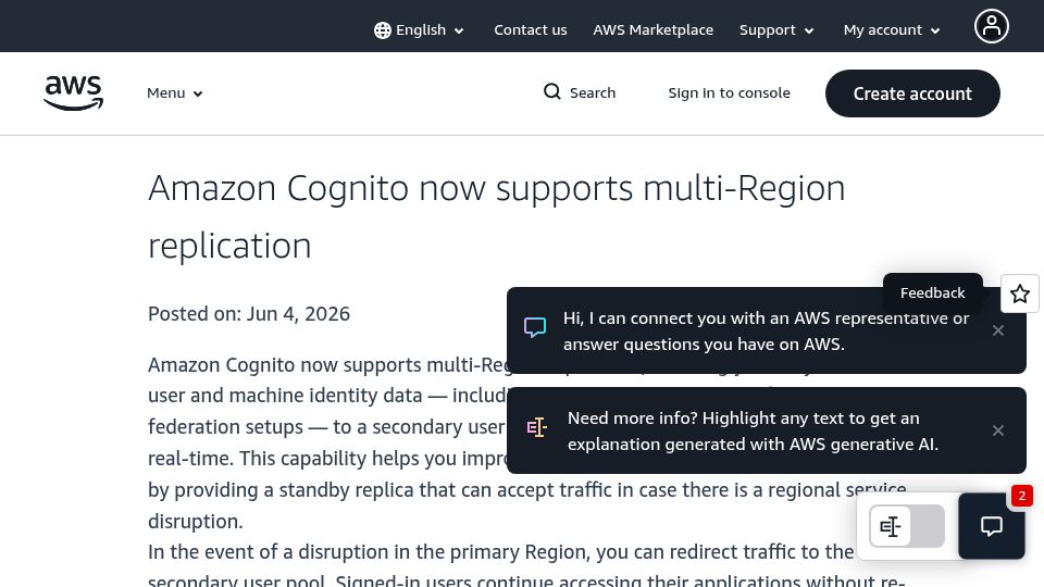 Screenshot of aws.amazon.com: Amazon Cognito now supports multi-Region replication