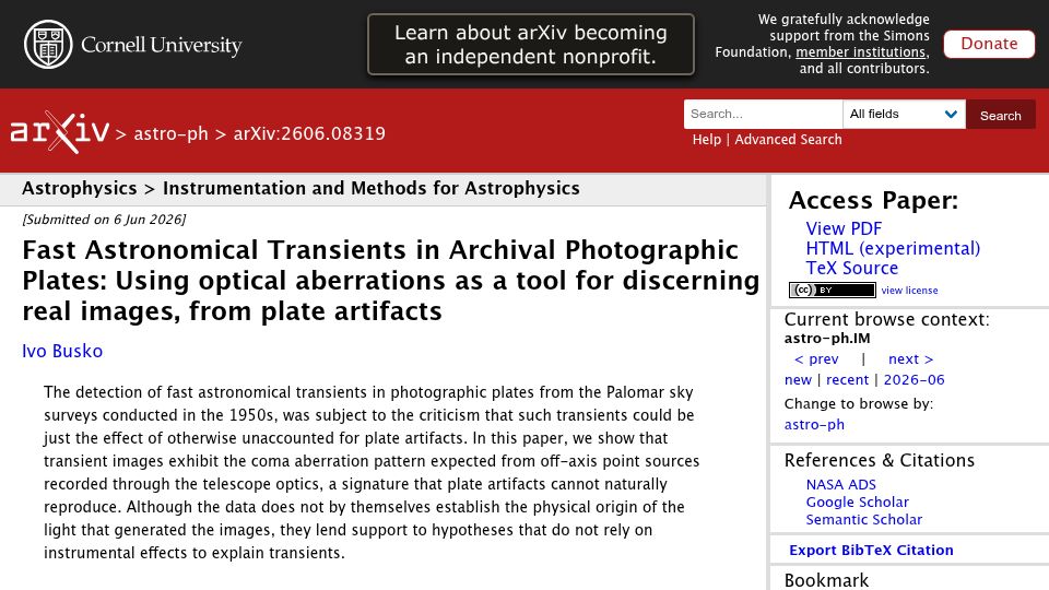 Screenshot of arxiv.org: Using Optical Aberrations to Distinguish Real Astronomical Transients