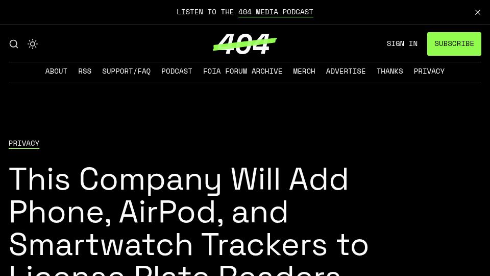 Screenshot of 404media.co: Company Will Add Phone, AirPod, and Smartwatch Trackers to ALPRs