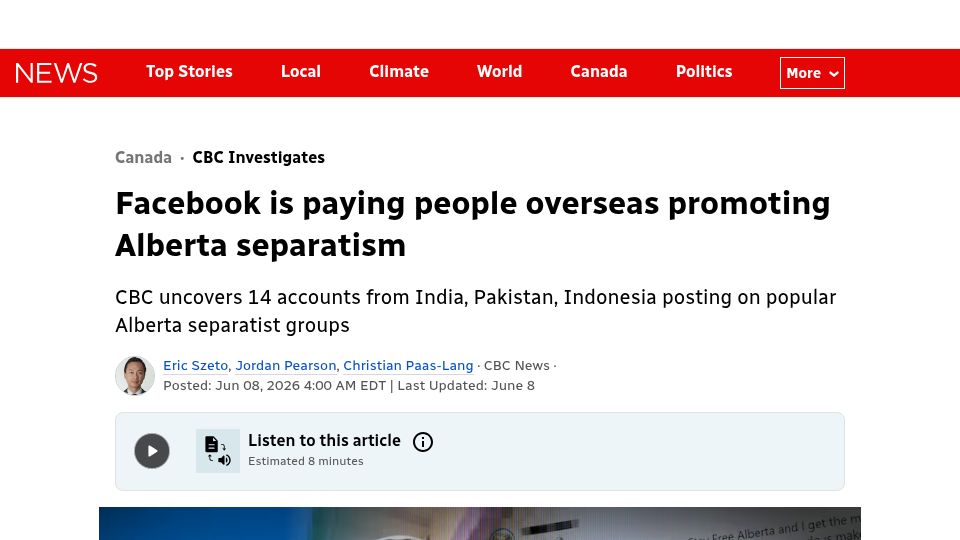 Screenshot of cbc.ca: Facebook is paying people overseas promoting Alberta separatism