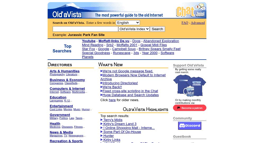 Screenshot of oldavista.com: Old'aVista – The most powerful guide to the old Internet
