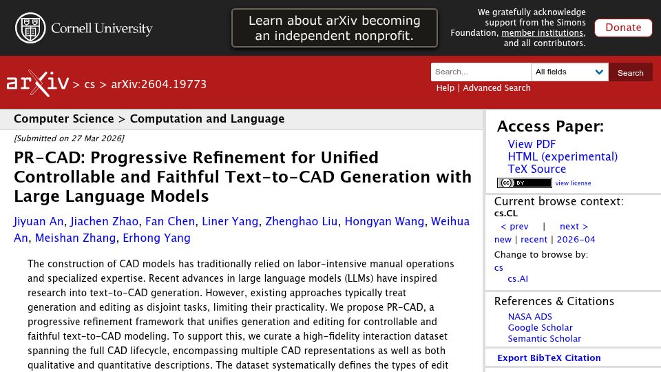 Screenshot of arxiv.org: Unified Controllable and Faithful Text-to-CAD Generation with LLMs