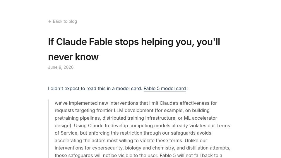 Screenshot of jonready.com: If Claude Fable stops helping you, you'll never know