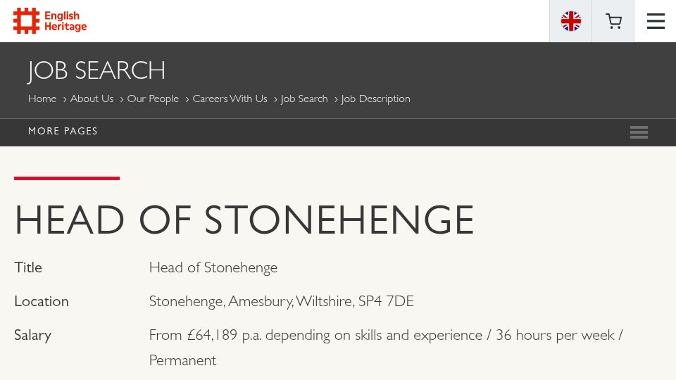 Screenshot of english-heritage.org.uk: Job: Head of Stonehenge