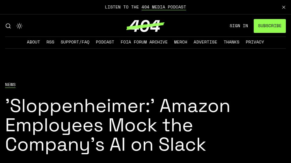 Screenshot of 404media.co: 'Sloppenheimer:' Amazon Employees Mock the Company's AI on Slack