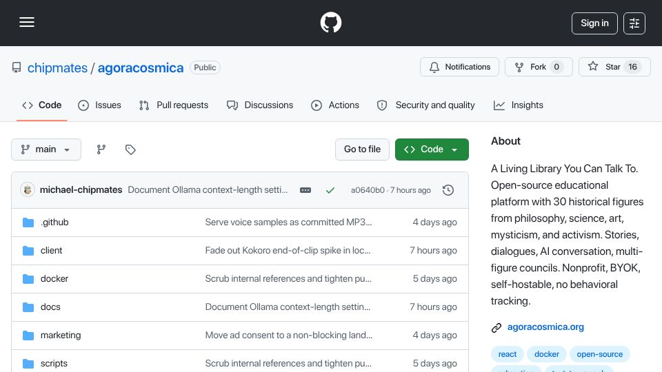 Screenshot of github.com: Show HN: Learn from 30 historical figures, open source, nonprofit, self-hosted
