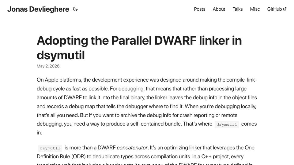 Screenshot of jonasdevlieghere.com: Adopting the Parallel DWARF linker in dsymutil