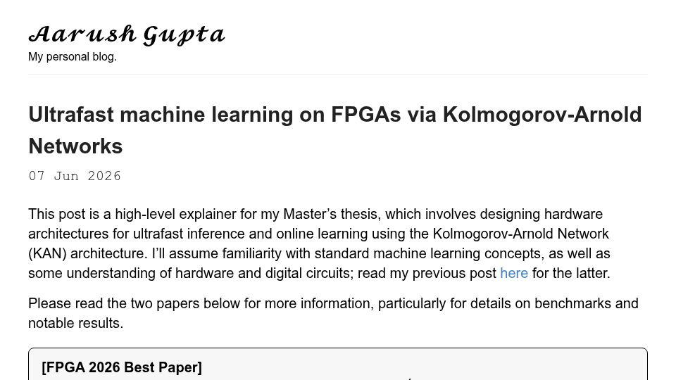 Screenshot of aarushgupta.io: Ultrafast machine learning on FPGAs via Kolmogorov-Arnold Networks