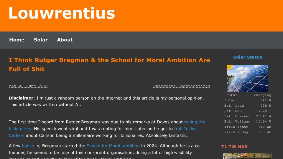 Screenshot of louwrentius.com: I Think Rutger Bregman and the School for Moral Ambition Are Full of Shit