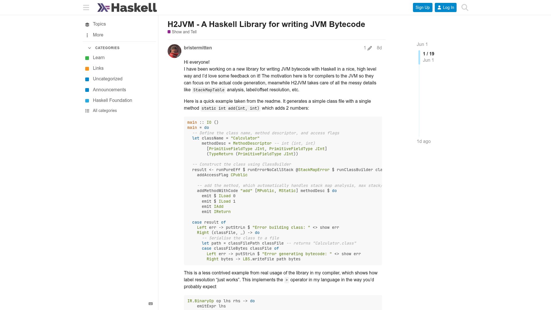 Screenshot of discourse.haskell.org: H2JVM – A Haskell Library for Writing JVM Bytecode