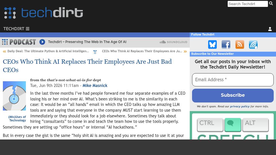 Screenshot of techdirt.com: CEOs who think AI replaces their employees are just bad CEOs