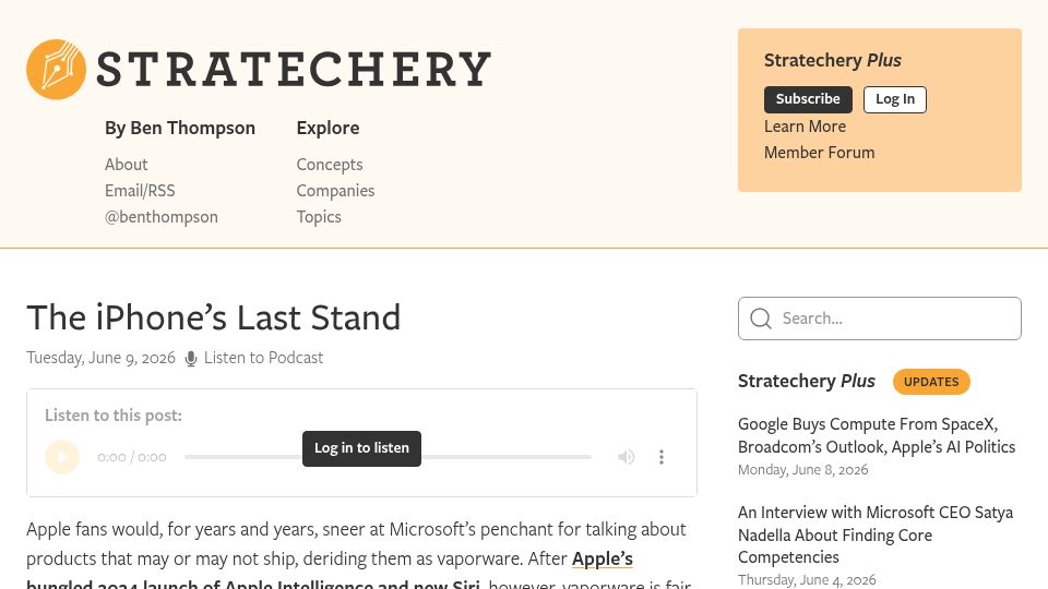 Screenshot of stratechery.com: The iPhone's Last Stand?