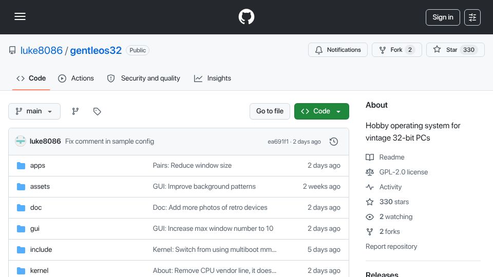 Screenshot of github.com: Show HN: GentleOS – A pair of hobby OSes for vintage 32-bit and 16-bit PCs