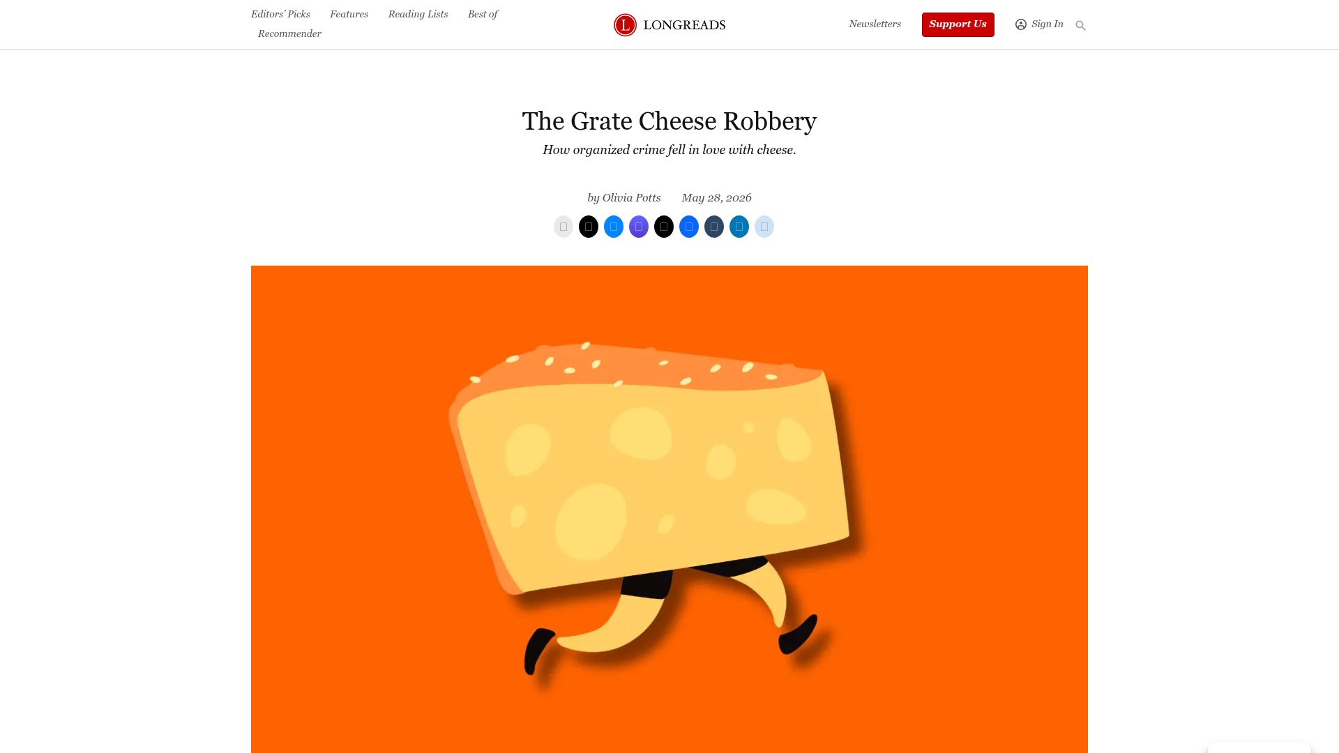 Screenshot of longreads.com: The Grate Cheese Robbery
