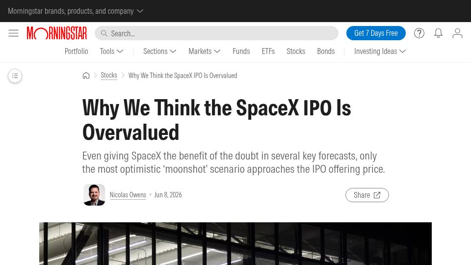 Screenshot of morningstar.com: We Think the SpaceX IPO Is Overvalued