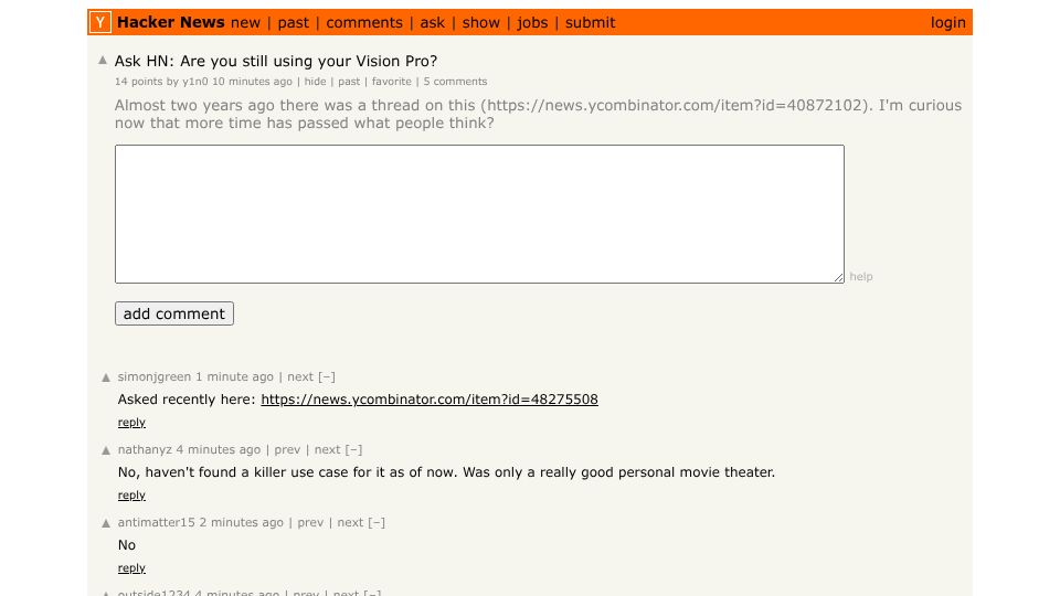 Screenshot of Hacker News post: Ask HN: Are you still using a Vision Pro?