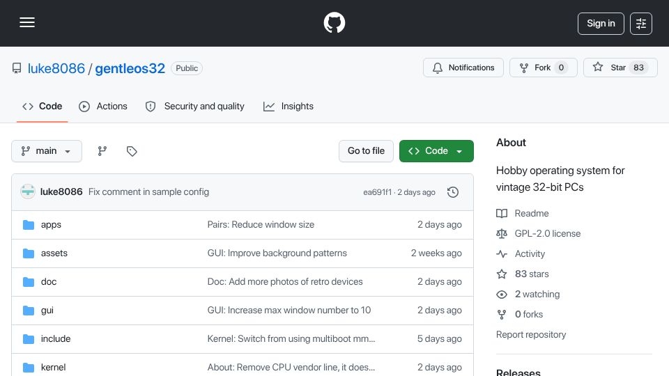 Screenshot of github.com: GentleOS – Classic operating system with a lovely retro GUI