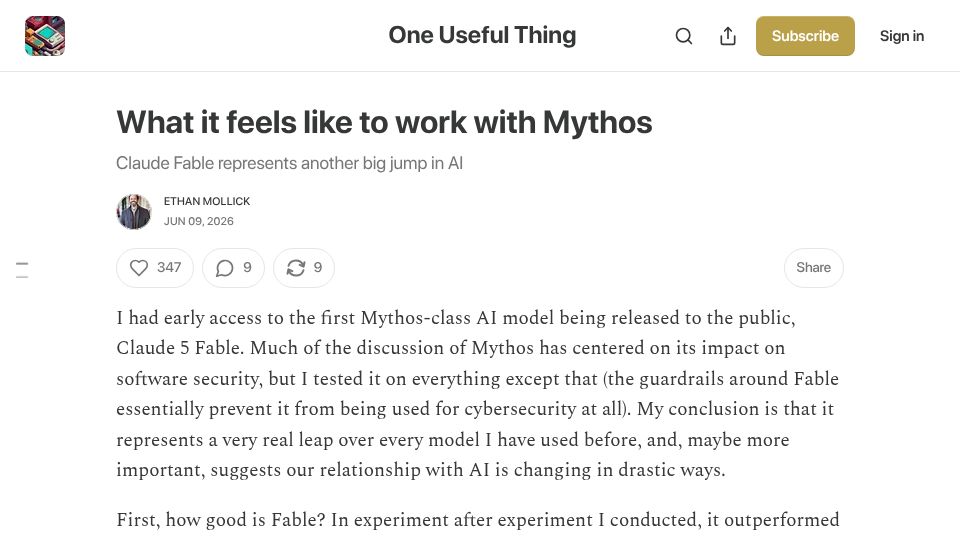 Screenshot of oneusefulthing.org: What it feels like to work with Mythos
