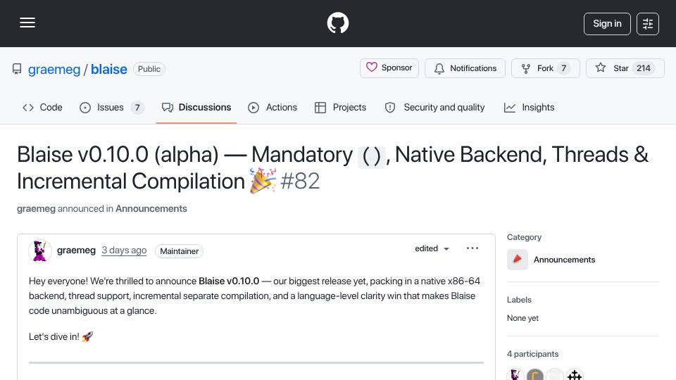 Screenshot of github.com: Blaise v0.10.0: Native Back End, Threads and Incremental Compilation
