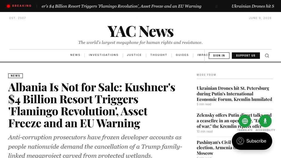 Screenshot of yacnews.com: Albania Is Not for Sale: Kushner's $4B Resort Triggers'Flamingo Revolution'