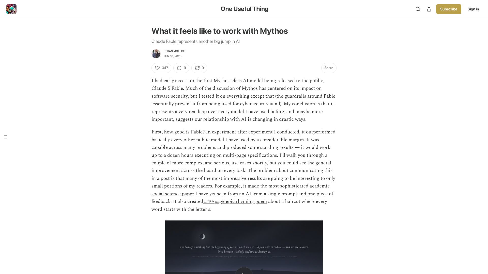 Screenshot of oneusefulthing.org: What it feels like to work with Mythos