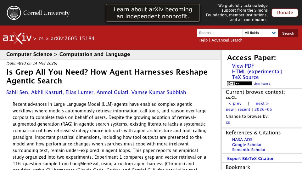 Screenshot of arxiv.org: Is Grep All You Need? How Agent Harnesses Reshape Agentic Search