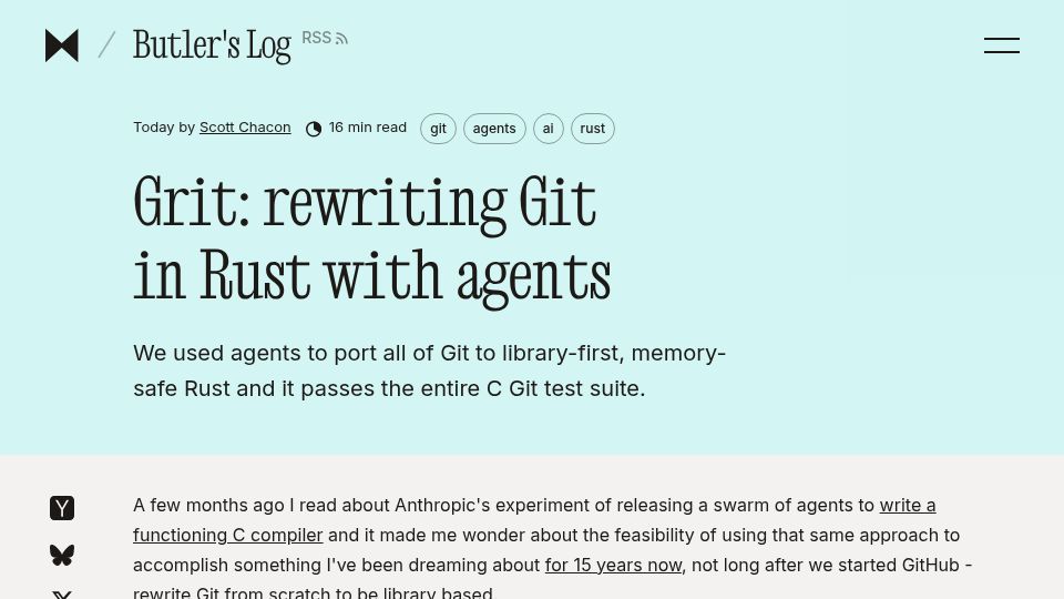 Screenshot of blog.gitbutler.com: Grit: Rewriting Git in Rust with agents