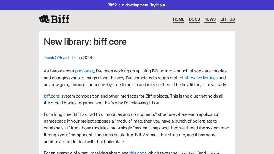 Screenshot of biffweb.com: Biff.core: system composition for Clojure web apps