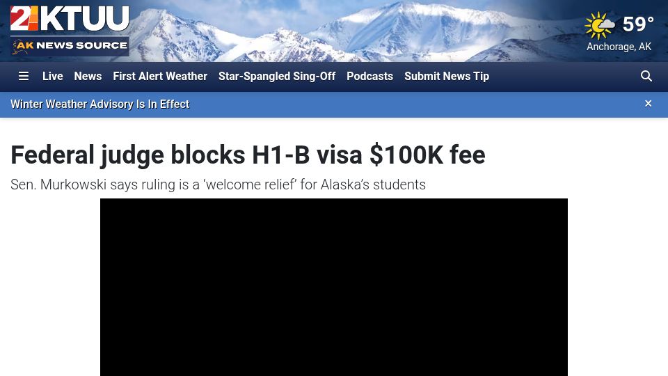 Screenshot of alaskasnewssource.com: Federal judge blocks H1B visa $100K fee