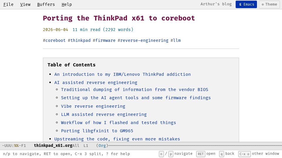 Screenshot of blog.aheymans.xyz: Porting the ThinkPad X61 to Coreboot