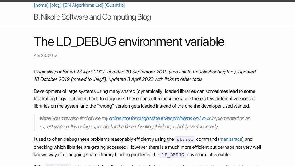 Screenshot of bnikolic.co.uk: The LD_DEBUG environment variable (2012)