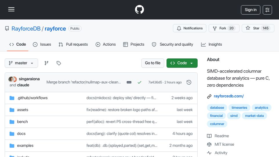 Screenshot of github.com: Rayforce