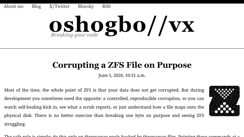 Screenshot of oshogbo.com: Corrupting a ZFS File on Purpose
