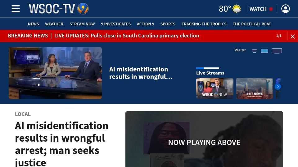 Screenshot of wsoctv.com: AI misidentification results in wrongful arrest; man seeks justice