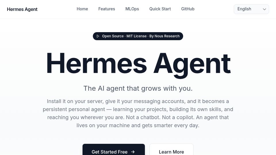 Screenshot of hermes-agent.org: Hermes Agent – Open-source AI agent with persistent memory