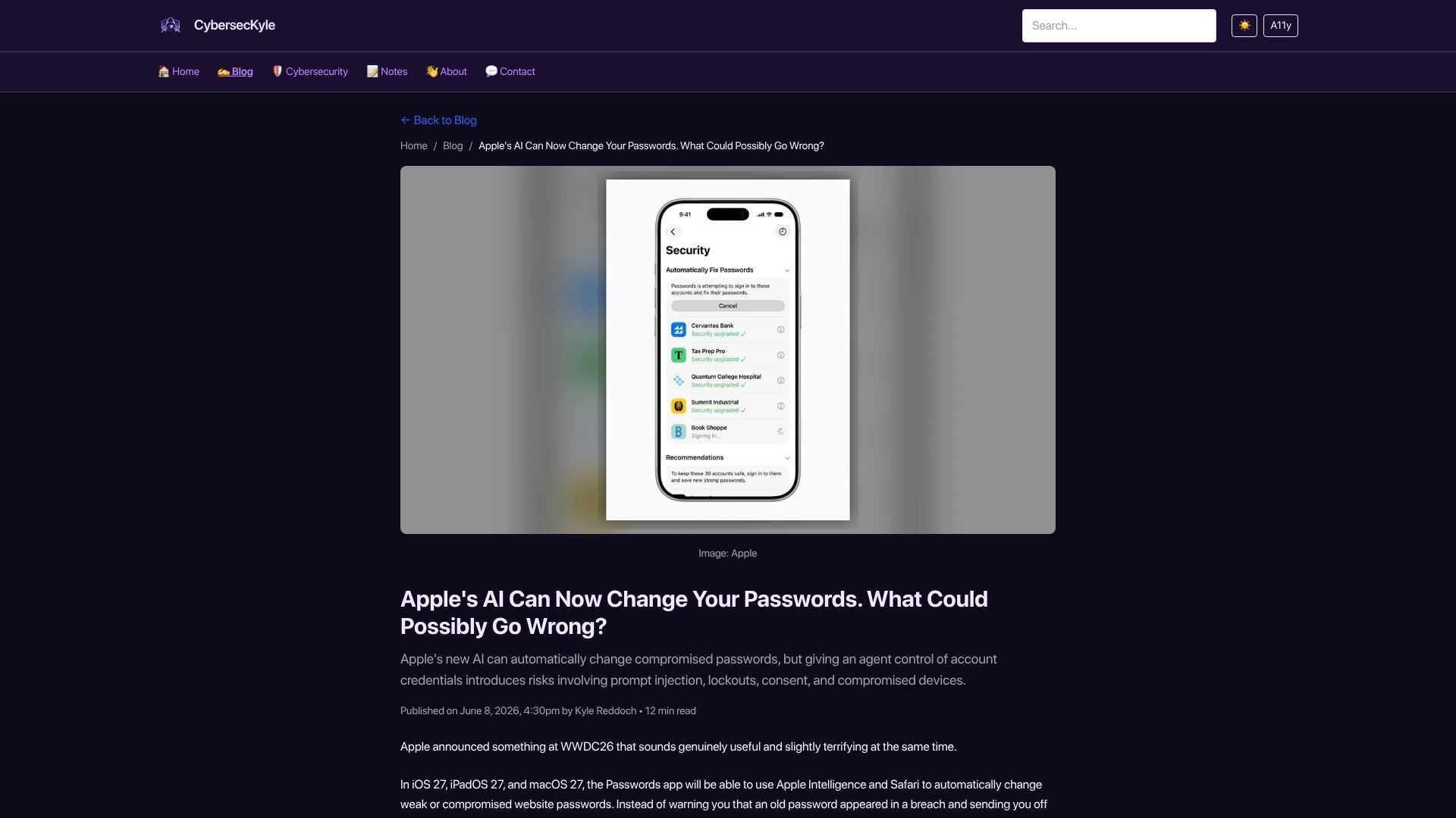 Screenshot of kylereddoch.me: Apple's AI Can Now Change Your Passwords. What Could Possibly Go Wrong?