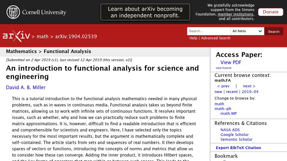 Screenshot of arxiv.org: An introduction to functional analysis for science and engineering