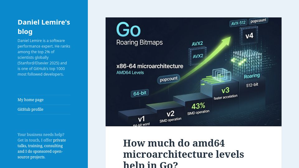 Screenshot of lemire.me: How much do amd64 microarchitecture levels help in Go?