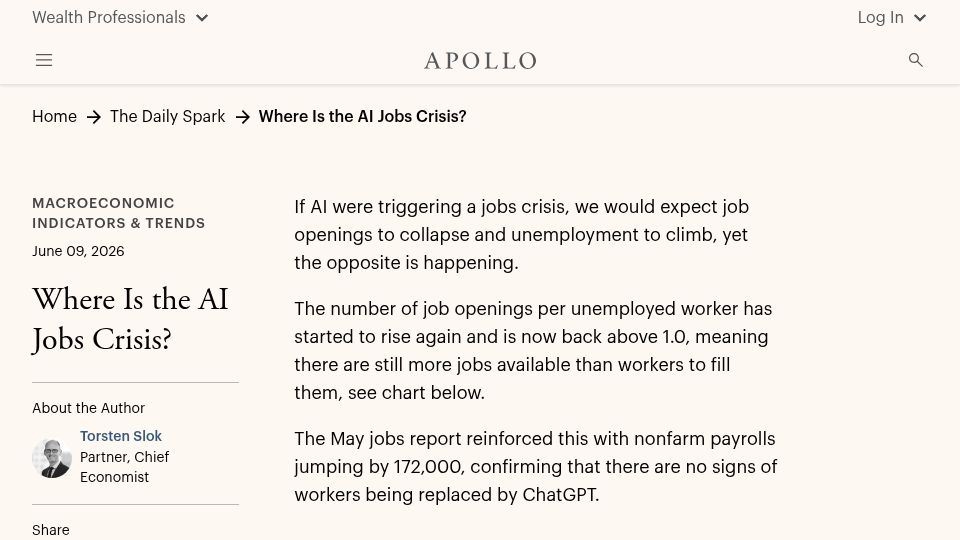 Screenshot of apollo.com: Where is the AI jobs crisis?