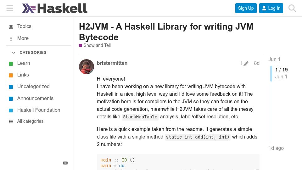 Screenshot of discourse.haskell.org: H2JVM – A Haskell Library for Writing JVM Bytecode